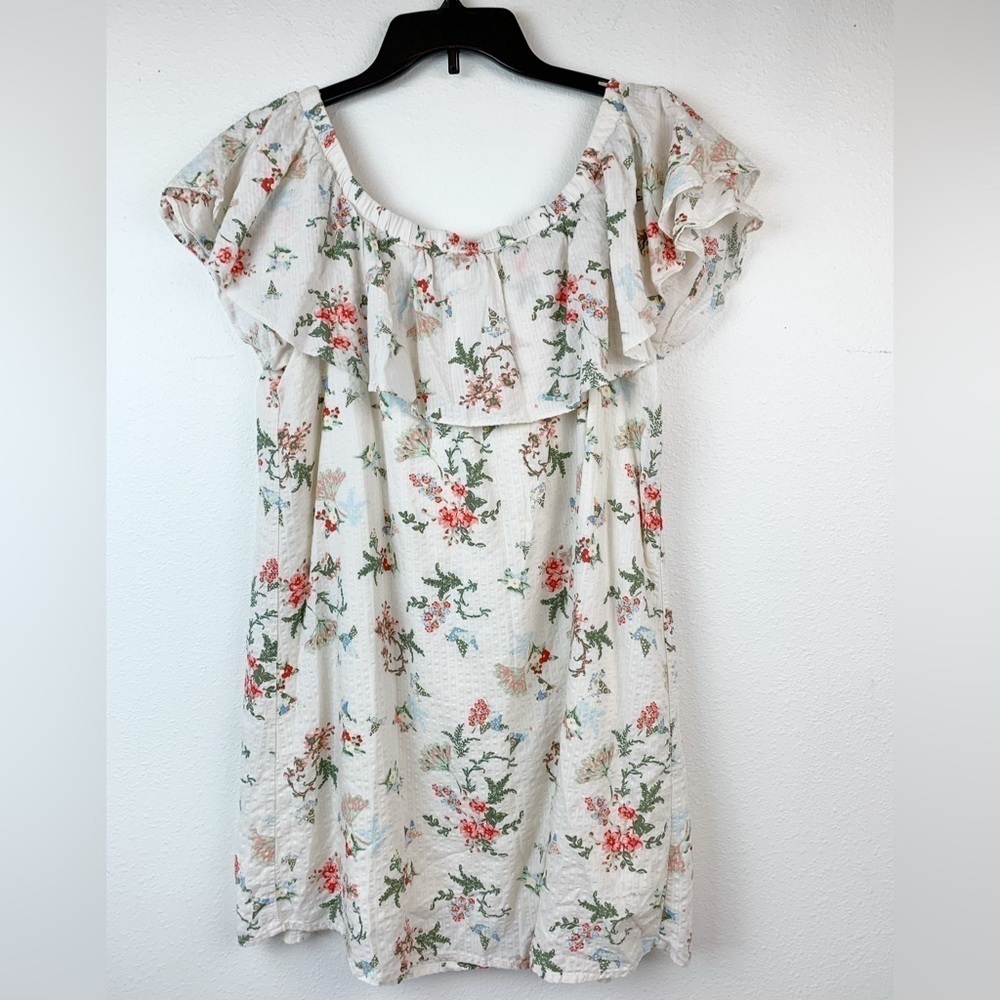 Skies Are Blue ruffle neck A line seersucker mini dress sweet floral print EUC